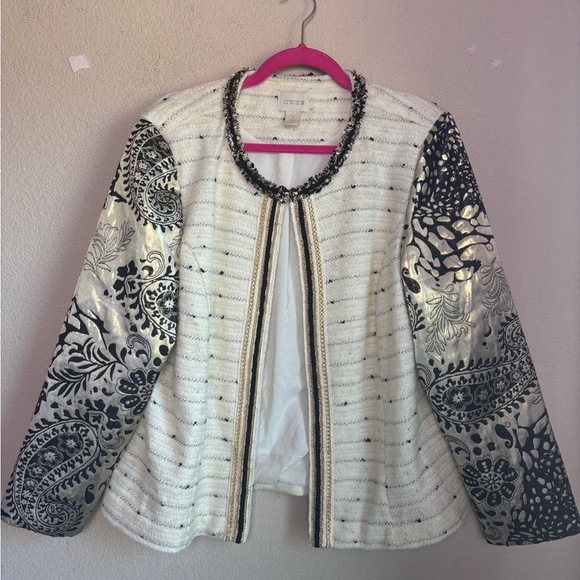 Chico’s Versailles Cream Boucle Tweed Baroque Metallic Open Front Jacket 2 L - Picture 7 of 9
